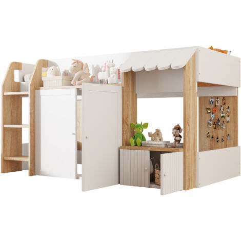 Lit mezzanine 90x200 cm Lit cabane enfant avec rangement ouvert et échelle - Lit mi-hauteur en bois massif - blanc