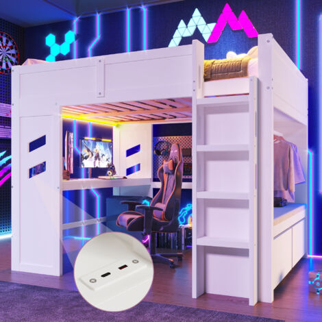 Lit mezzanine 140x200 cm Lit double avec LED, port USB et Type-C et bureau, tiroirs, Cintre, pour enfants et adolescents Blanc (1/5)