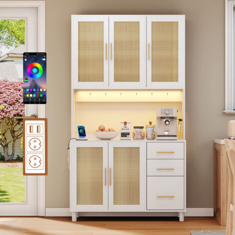 Buffet haute de cuisine 183cm avec LED Lumière Prise de Courant+USB Ports et étagères réglables 5 Portes 3 Tiroirs Blanc (1/5)