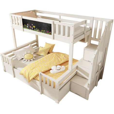 Lit superposé 3 places 90x200 et 140x200 cm Lit mezzanine cabane enfant bois massif avec tableau craie, escalier rangement, 1 tiroirs, blanc