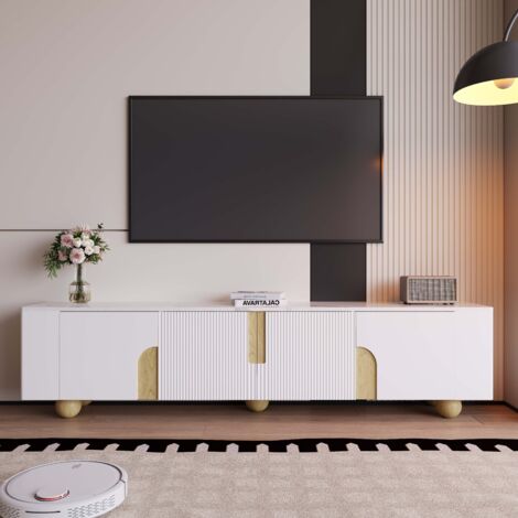 Meuble TV bas 180 x 40 x 44 cm avec 4 portes et pieds en bois sphérique, meuble TV avec aspect marbre en MDF - Blanc (1/5)