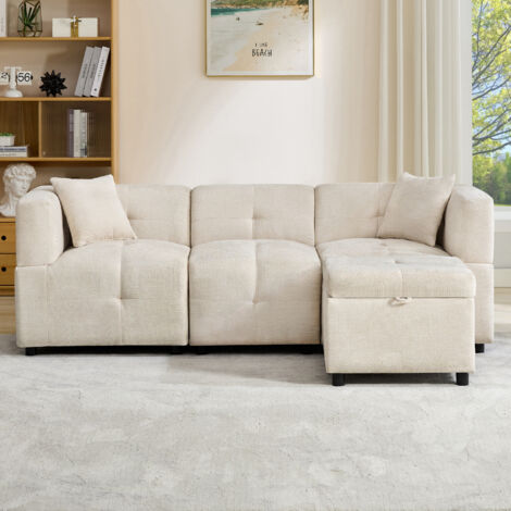 Canapé d‘angle 3 places  204x126x69 cm avec repose-pieds amovible et rangement intégré  - Tissu Chenille - Beige