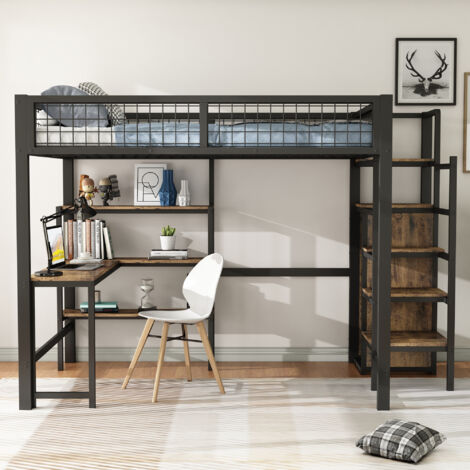 Lit mezzanine Lit simple 140x200cm avec bureau intégré, placard et échelle rangement - métal , étagères multiples,pour adultes et adolescents - noir (1/5)