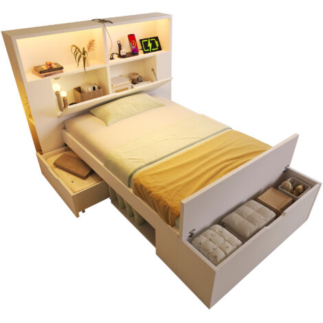 Lit coffre 90x200 cm Lit double avec rangement , LED et USB - Tiroirs et étagères intégrés - Sommier inclus - Bois - Blanc (1/5)