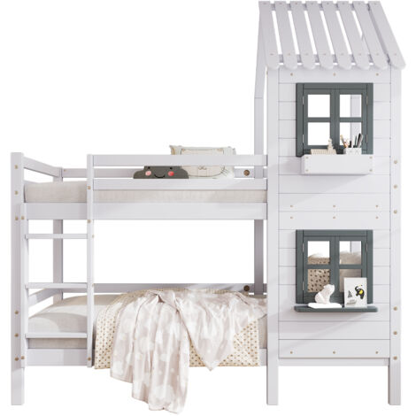 Lit superposé maison Lit effant 90x200 cm avec fenêtre et main courante - Sécurité chutes avec barrières de protection -  pin - blanc (1/5)
