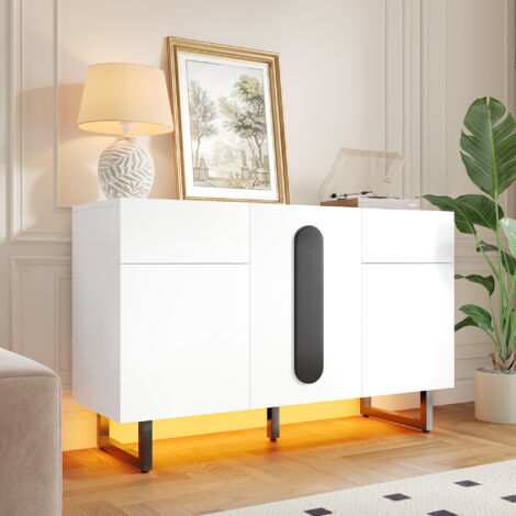 Buffet Bas Blanc LED 120cm, Meuble Salle à Manger Moderne avec Étagères Réglables, 2 Tiroirs de Rangement, 3 Portes, Pieds en Métal (1/5)