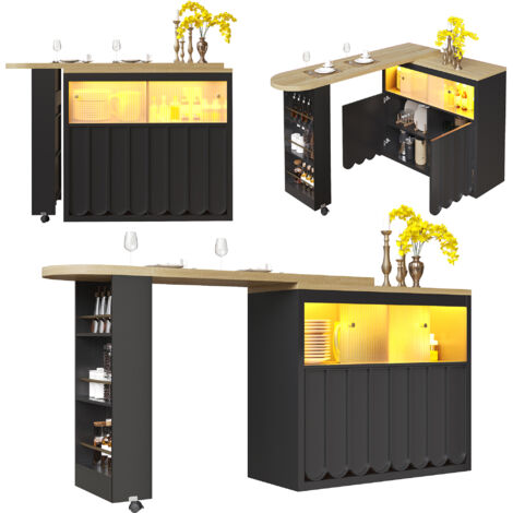 Table bar extensible 135-205x39x100cm cm avec éclairage LED et rangement intégré - Design mobile à portes rayures minimalistes - Noir