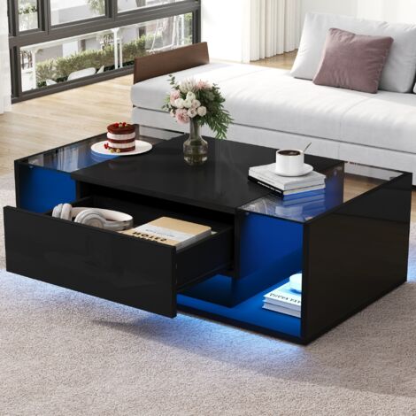 Table Basse LED Moderne 100x50x31 cm, Table de Salon avec 1 Tiroir et Éclairage Commandé par App - verre trempé - Noir Brillant (1/5)