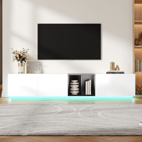 Meuble TV LED Moderne 190×40×35 cm, Meuble de Salon avec Étagères Ouvertes, Portes et Tiroir de Rangement - Blanc et Noir Brillant (1/5)