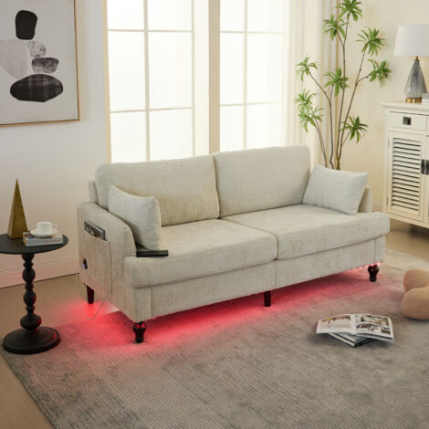 Canapé 2 places avec éclairage LED 1758378cm , ports USB et poche de rangement,fonctionnel salon/chambre/bureau,chenille,bois,beige (1/5)
