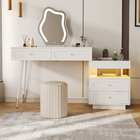 Coiffeuse avec Miroir LED 140×40×130cm - avec Éclairage Intégré, 4 Grands Tiroirs et Compartiment Ouvert - Blanc (Sans Tabouret) (1/5)