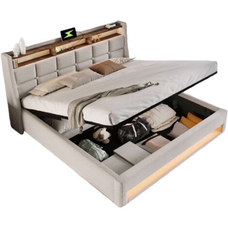 Lit coffre 140x200cm Lit double capitonné avec ports USB et éclairage LED - Structure métal, tissu lin - Beige (1/5)