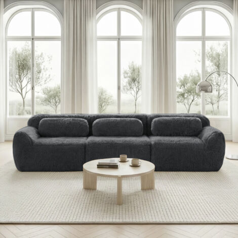 Canapé Droit 3 Places 291x104x73cm, Sofa Modulaire Grand Confort avec Coussins, Assise Profonde en Tissu Peluche, Sans Montage - Gris (1/5)