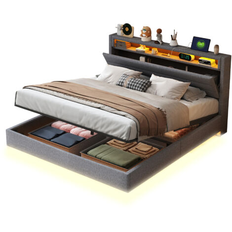 Lit coffrer 160x200 cm Lit rembourré avec Recharge USB + éclairage LED + tête de lit réversible rangement hydraulique intégré - Tissu lin - gris (1/5)