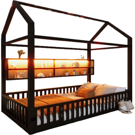 Lit cabane enfant Lit simple 90x200 cm avec éclairage LED et sécurité renforcée - Design maison avec garde-corps - Noir (1/5)