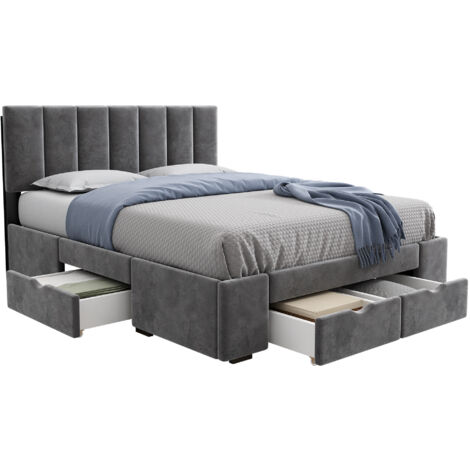 Lit coffre 140x200 cm Lit double avec 4 tiroirs de rangement et tête de lit incluse - Pour adulte et adolescent -velours - gris (1/5)
