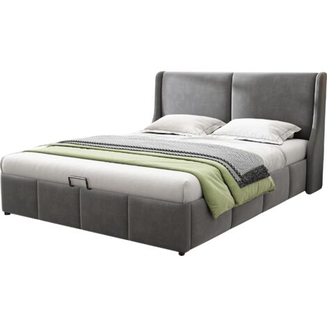 Lit coffre 140x200 cm Lit rembourré avec tête de lit forme oreiller et rangement hydraulique - Tissu - gris (1/5)