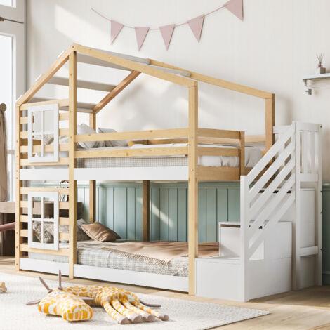 Lit Superposé en Bois 90x200 cm Lit Enfant Cabane avec Escalier, 2 Meuble de Rangement et Barrières de Sécurité - Blanc + Naturel