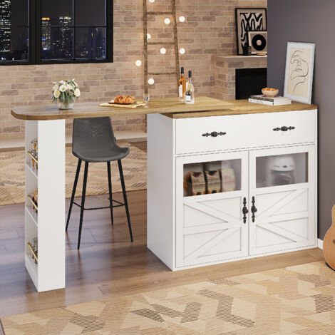 Table de Bar Extensible 204x39x104 cm Bar à Manger Rotatif 360° avec Tiroir de Rangement, Étagère 3 Niveaux, Plateau en Bois - Blanc