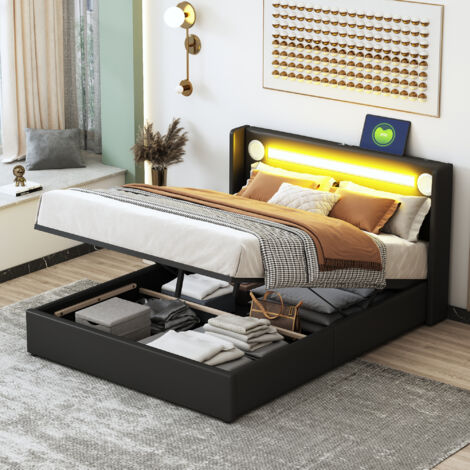 Lit coffre rembourré 140x200 cm Lit double avec éclairage LED, rangement hydraulique, ports USB, lecteur bluetooth - Cuir PU - Noir (1/5)