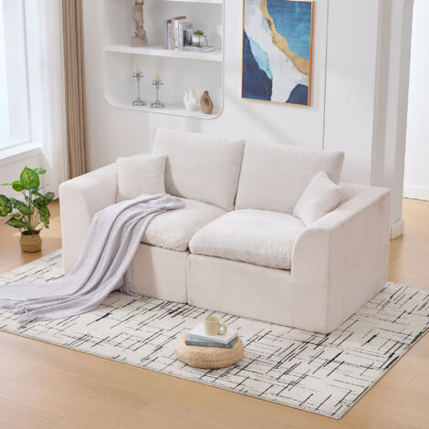 Canapé 2 Places en Velours Côtelé 204×102.5×84 cm Canapé Salon Moderne avec Coussins et Mousse Haute Résilience - Scandinave - Beige (1/5)