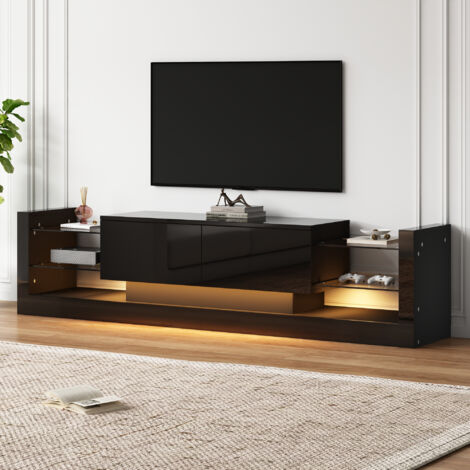 Meuble TV LED Moderne 181 cm avec 2 Tiroirs Rabattables de Rangement et Étagères en Verre - pour Télé Jusqu'à 80" - Brillant - Noir (1/5)