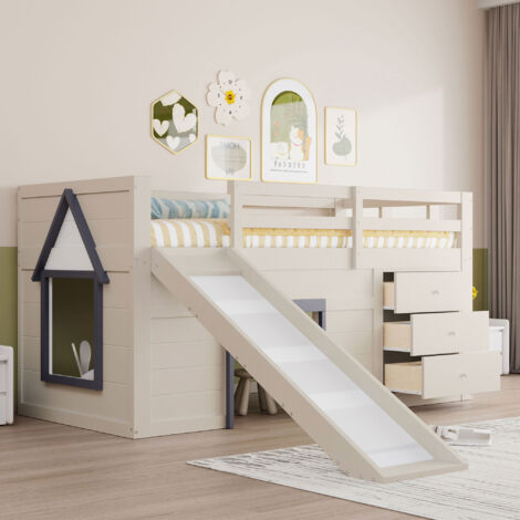Lit Mezzanine Enfant 90x200 cm avec Toboggan, 3 Tiroirs de Rangement et 1 Porte - Bois Massif + MDF - Beige