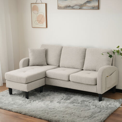 Lemonbest Canapé d'Angle en L 166x118x77 cm Canapé 3 places avec Méridienne Amovible, Tissu Coton-Lin Respirant - Gris clair (1/5)