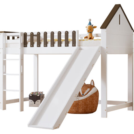 Lit mezzanine cabane Lit effant 90x200 cm de rêve avec toit, fenêtre et toboggan - Échelle droite 3 marches - Structure pin et MDF  - Blanc et Noyer