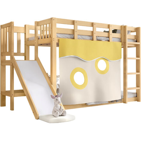 Lit superposé 90x200cm Lit enfant  avec toboggan + rideau + échelle sécurisée  avec garde-corps intégral - Structure pin et MDF - naturelle