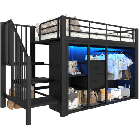 Lit mezzanine 90x200 cm,Lit effent avec LED + dressing + 2 tiroirs + Rangement intégré - Noir