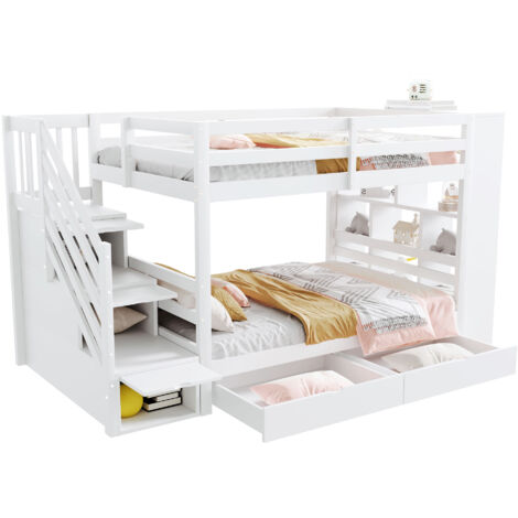 Lit superposé blanc 90x200 cm Lit effent avec échelle sécurisée et rangements intégrés 2 tiroirs - garde-corps surélevé - pin - blanc (1/5)