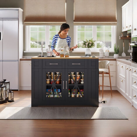 Îlot de cuisine sur roulettes avec table pliable, desserte de cuisine 120x40(65)x92cm avec prises secteur et USB, rangement et étagère réglable, Noir