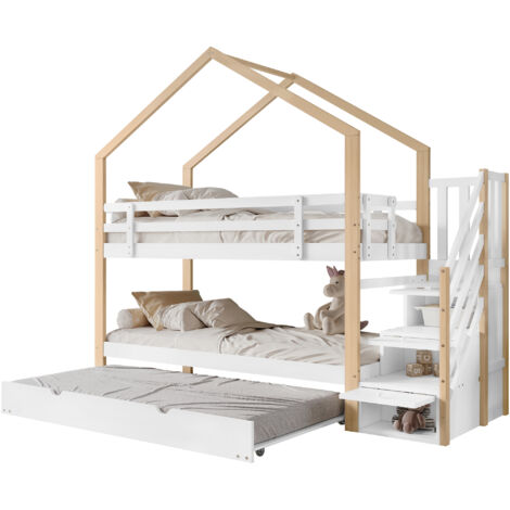 Lit cabane Lit superposé 90x200 cm avec lit escamotable et échelle à 3 tiroirs garde-corps - naturel et blanc (1/5)
