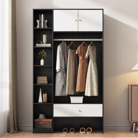 Vestiaire Entrée Compact 105x40x185 cm Armoire Polyvalente 2 Portes 6 Niches Ouvertes Barre Penderie Tiroir Rangement - Noir Blanc (1/5)