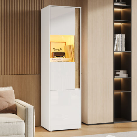 Armoire Haute Vitrine 50x40x179 cm avec Éclairage LED Réglable 2 Portes Meuble de Rangement pour Salon Cuisine - Blanc et Naturel