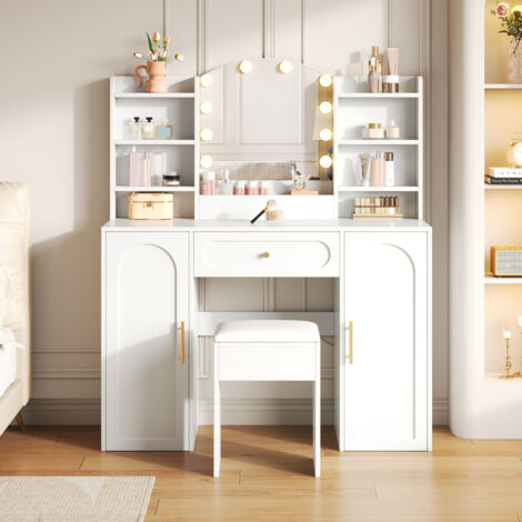 Coiffeuse avec Miroir LED 110x40x132 cm avec Tabouret, Éclairage Réglable, 1 Tiroir de Rangement et 2 Portes - pour Chambre - Blanc (1/5)