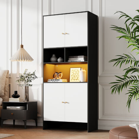 Armoire Haute Polyvalente 80x40x185 cm Meuble Rangement avec 4 Portes, Étagères Réglable et Compartiments Fermés - Noir et Blanc (1/5)