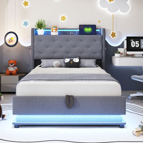 Lit coffre enfant 90x200 cm avec rangement hydraulique, tête de lit rabattable, lumières LED changeantes, prise USB, pochette téléphone, lin, gris (1/5)