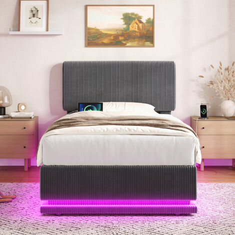 Lit coffre 90x200 cm côtelé avec tête réglable, lumières LED, port USB-C, sommier lattes inclus, rangement intégré, velours, gris (1/5)