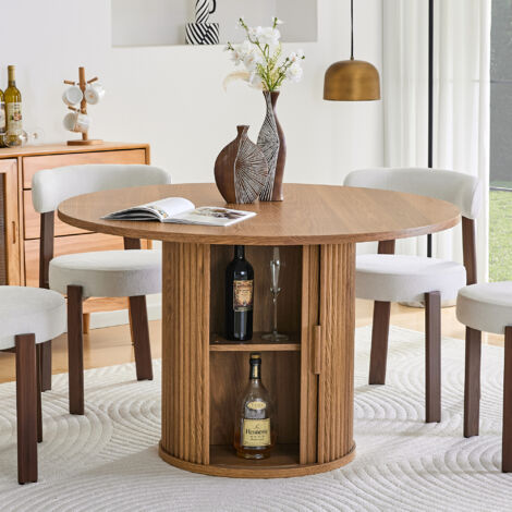 Table à manger ronde 120 cm extensible 4-6 personnes, style campagne moderne, rangements intégrés, panneaux de bois chêne