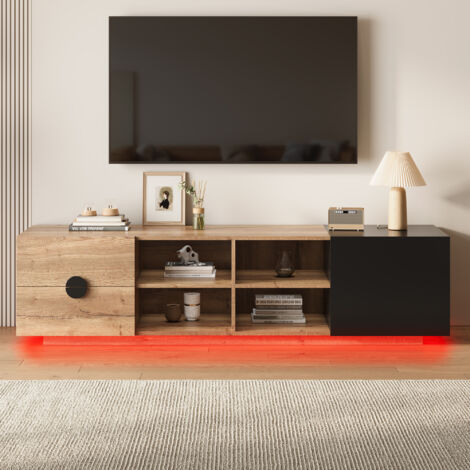 Meuble TV 180x38.5x47 cm avec tiroir, étagère ouverte, placard fermé, rangements étagés, fonctionnel pour salon, panneaux de bois, naturel et noir (1/5)