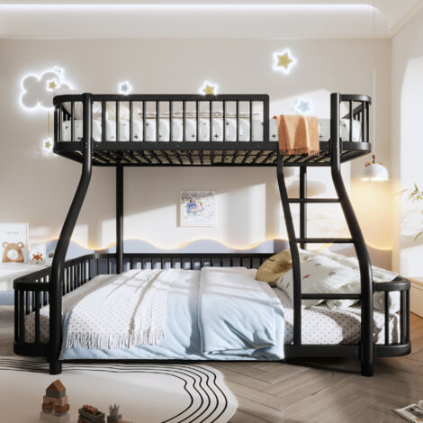 Lit superposé 90x200 cm et 140x200 cm avec échelle, barrières de sécurité, métal , sans matelas, noir