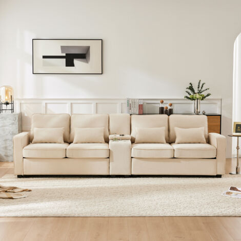 Canapé 4 places 290x83x88 cm avec 2 porte-gobelets, 2 ports USB, poches accoudoirs, 4 coussins inclus, pour salon bureau, lin, beige (1/5)