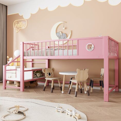 Lit mezzanine enfants 90 x 200 cm avec échelle de rangement Cadre en Métal - Rose