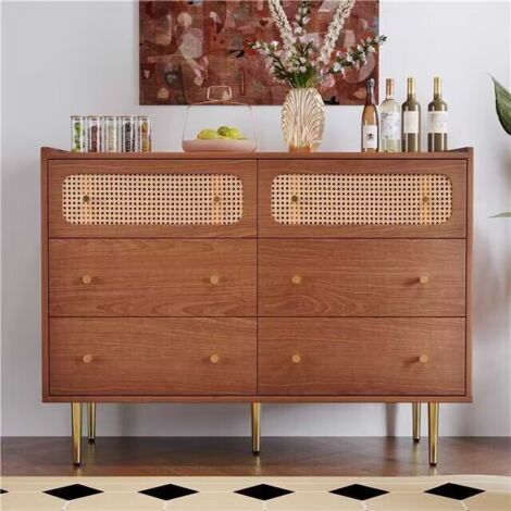 Buffet en rotin 120 x 40 x 90 cm Commode à 6 tiroirs Convient pour salon et chambre Meubles de rangement modernes - Noyer (1/5)