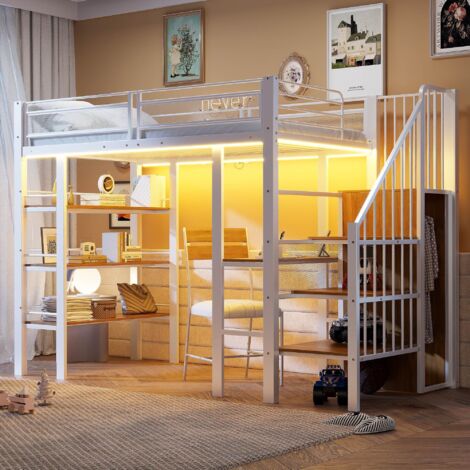 Lit Mezzanine 90 x 200 cm avec LED et Bureau Intégrés Lit simple avec Étagères et garde-robe Echelle Rangement Cadre en Métal Blanc (1/5)
