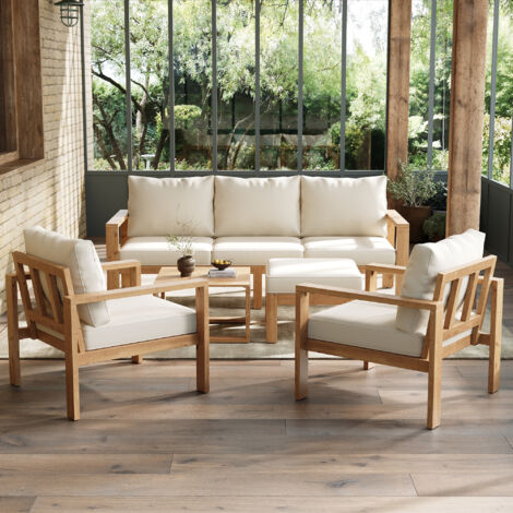 Salon de jardin 6 places en acacia massif : canapé 3p, 2 fauteuils, repose-pieds, table basse, coussins , charge 160kg, beige