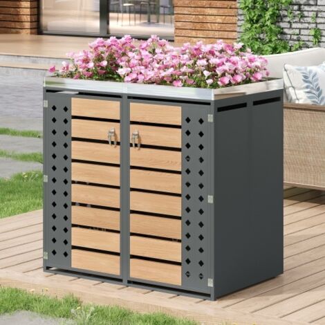 Cache-poubelle extérieur verrouillable 2 portes avec bac de plantation intégré - Meuble de rangement jardin aspect bois horizontal