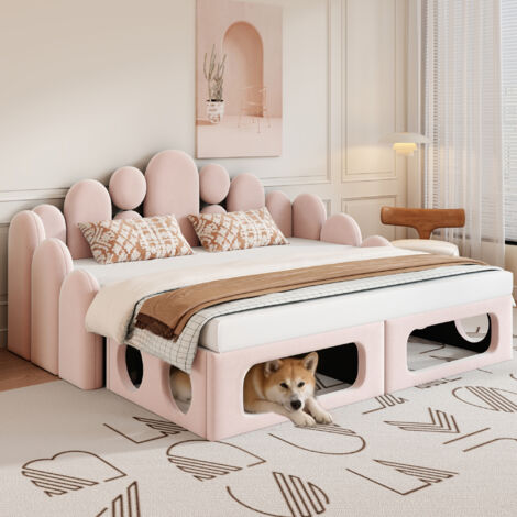 Canapé-lit 180x200 cm velours beige avec espace animal intégré, 2-en-1, sommier lattes inclus, dossier rembourré, pour salon, velours, rose